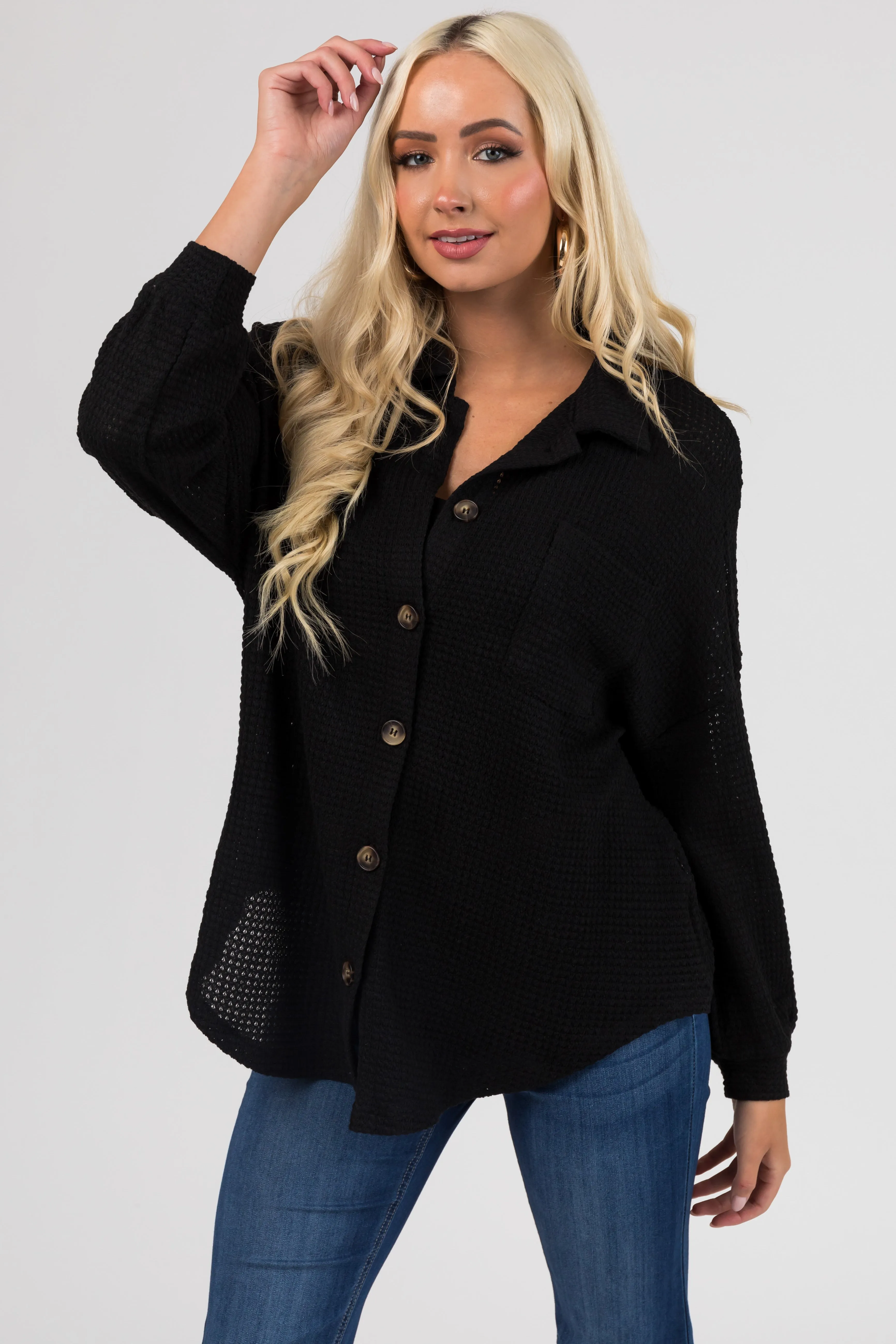 Black Waffle Knit Button Up Shacket