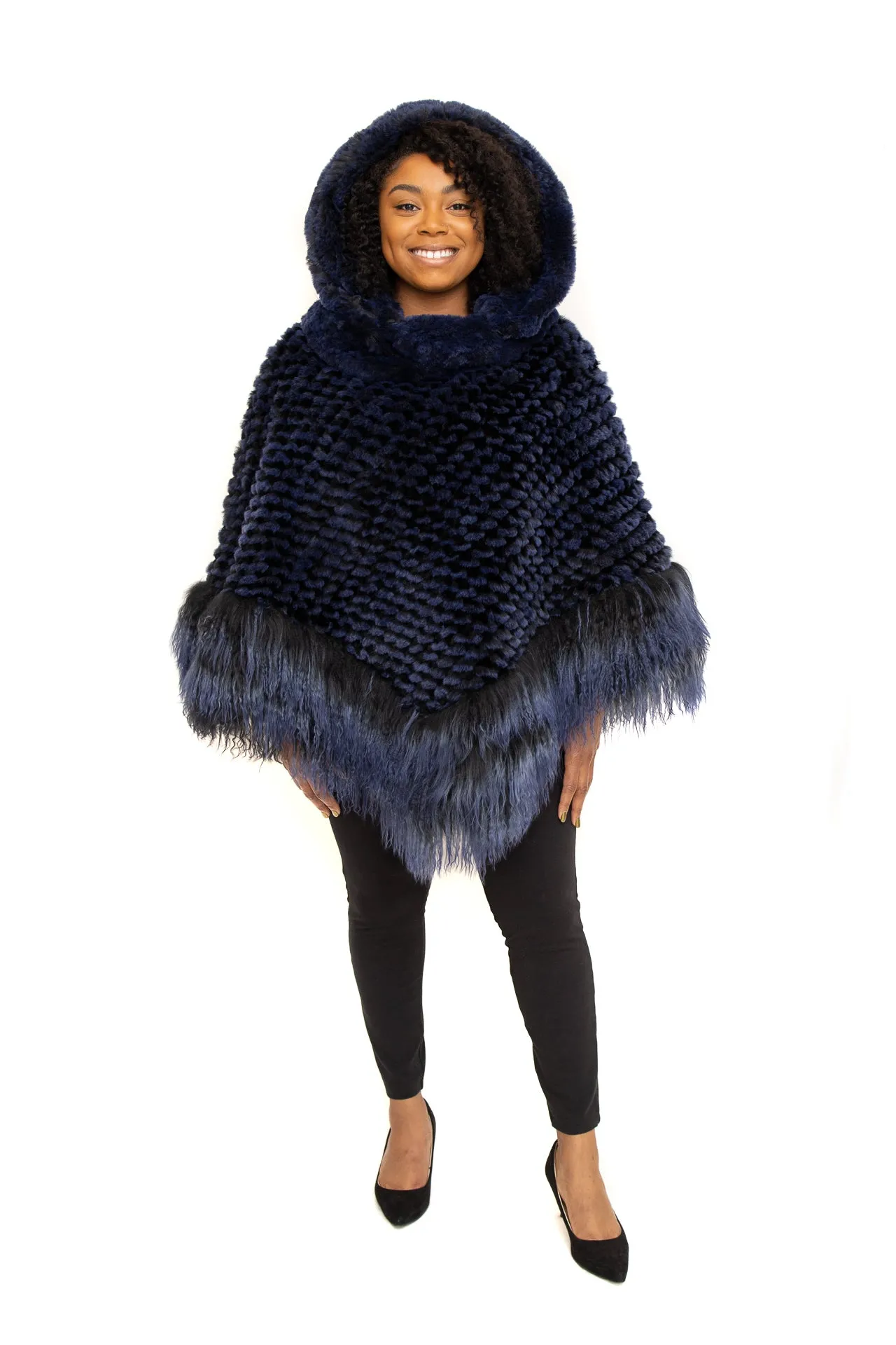 Blue Rex Cape, Knitted with Lamb Trim & Detachable Hood