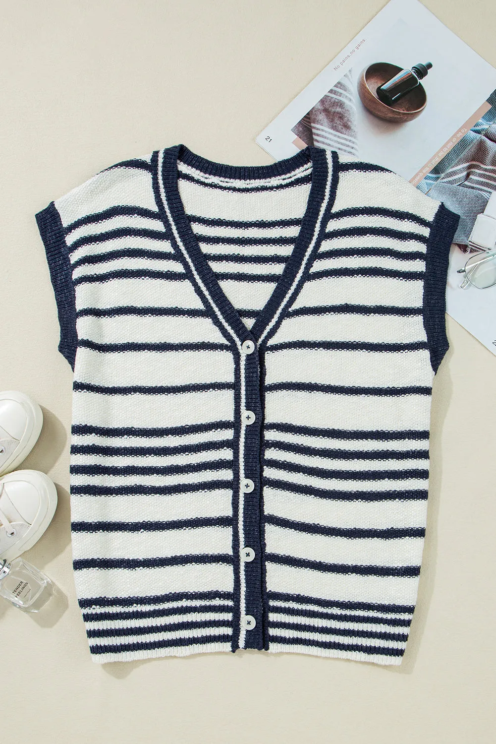 Blue Stripe Loose Buttoned V Neck Sweater Vest