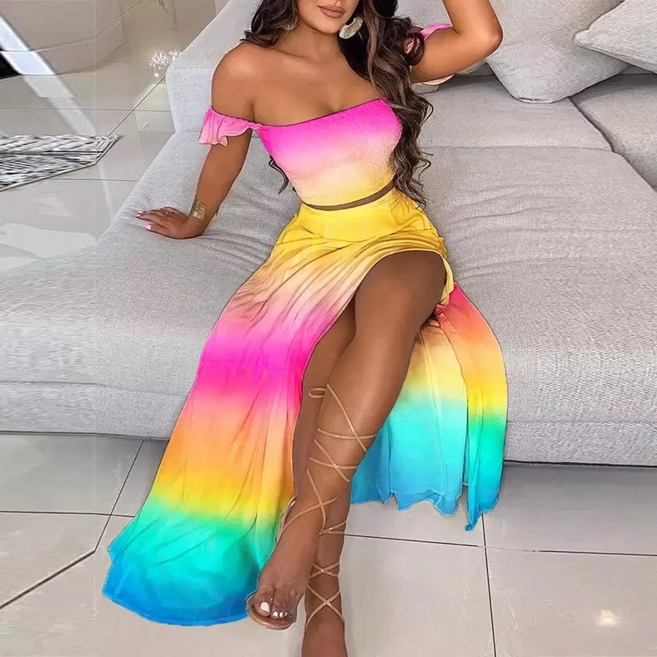 Boho Summer breeze 2 piece side split maxi skirt set