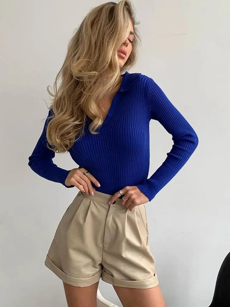 Bonnyshow  Women's Jumper Long Sleeve Top Knit Pullovers Polo Neck Spring Summer Solid White Blue Orange Slim Fashion Women Sweaters