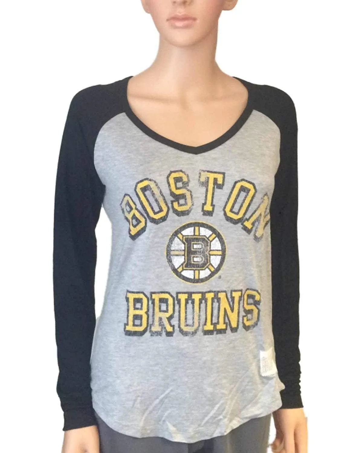 Boston Bruins Retro Brand Women Black Two Tone V-Neck Long Sleeve T-Shirt