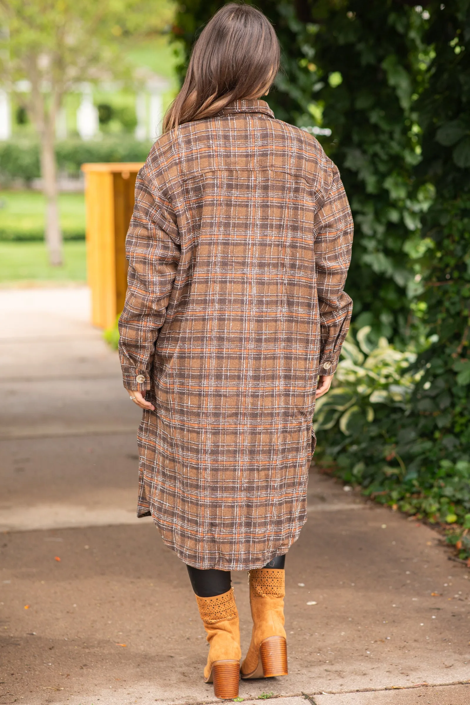 Brown and Cognac Long Plaid Shacket