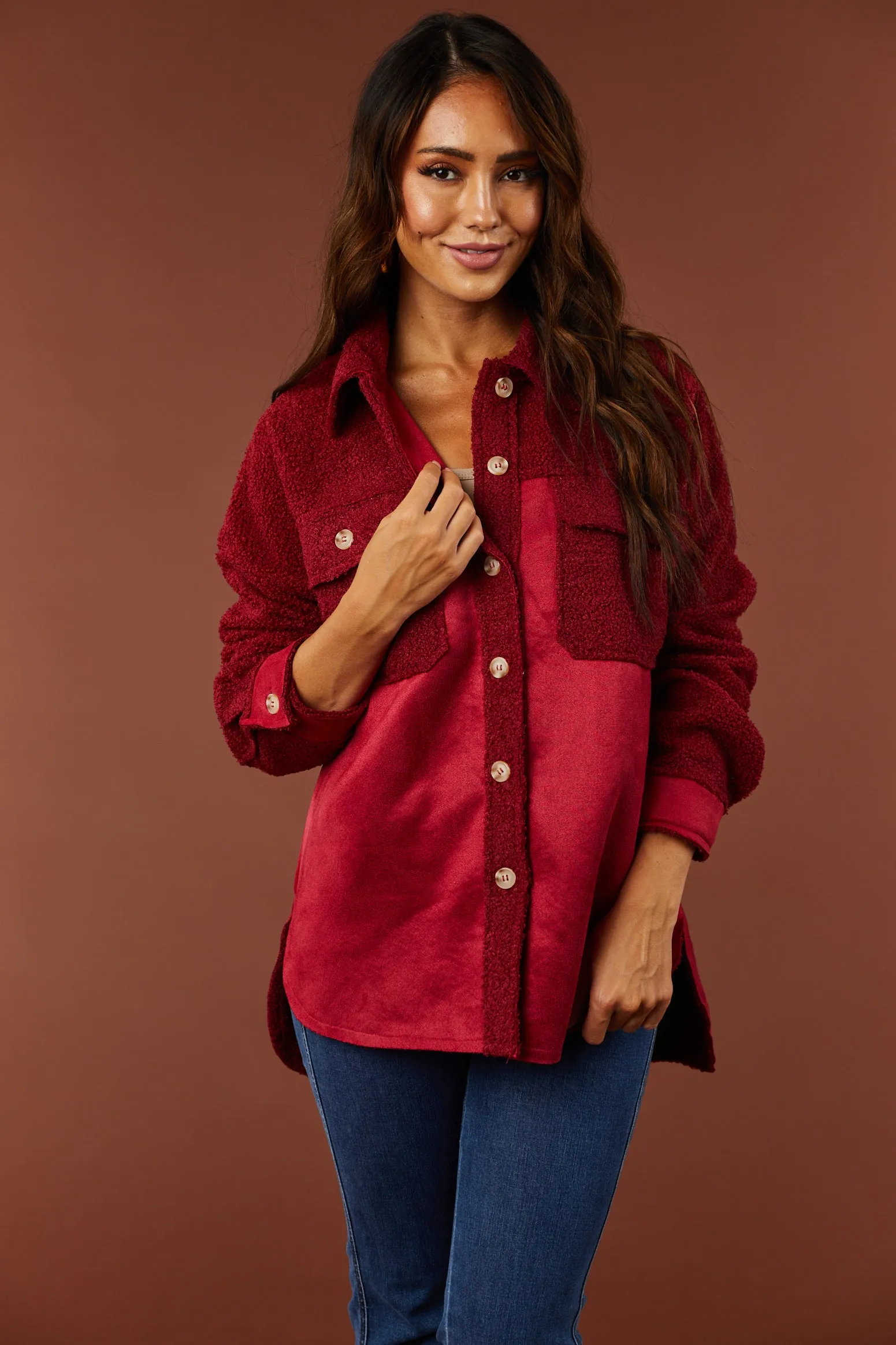 Burgundy Suede and Sherpa Button Down Shacket