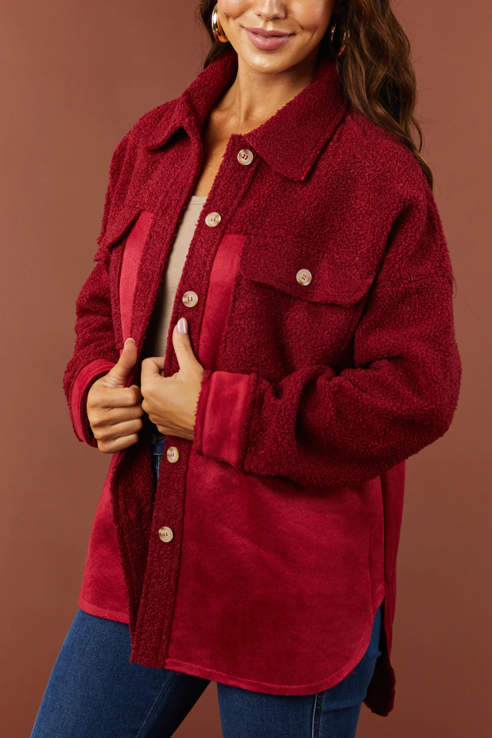 Burgundy Suede and Sherpa Button Down Shacket