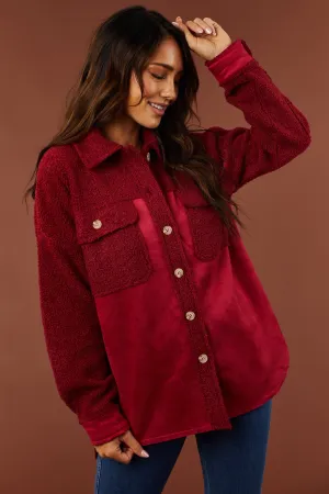 Burgundy Suede and Sherpa Button Down Shacket