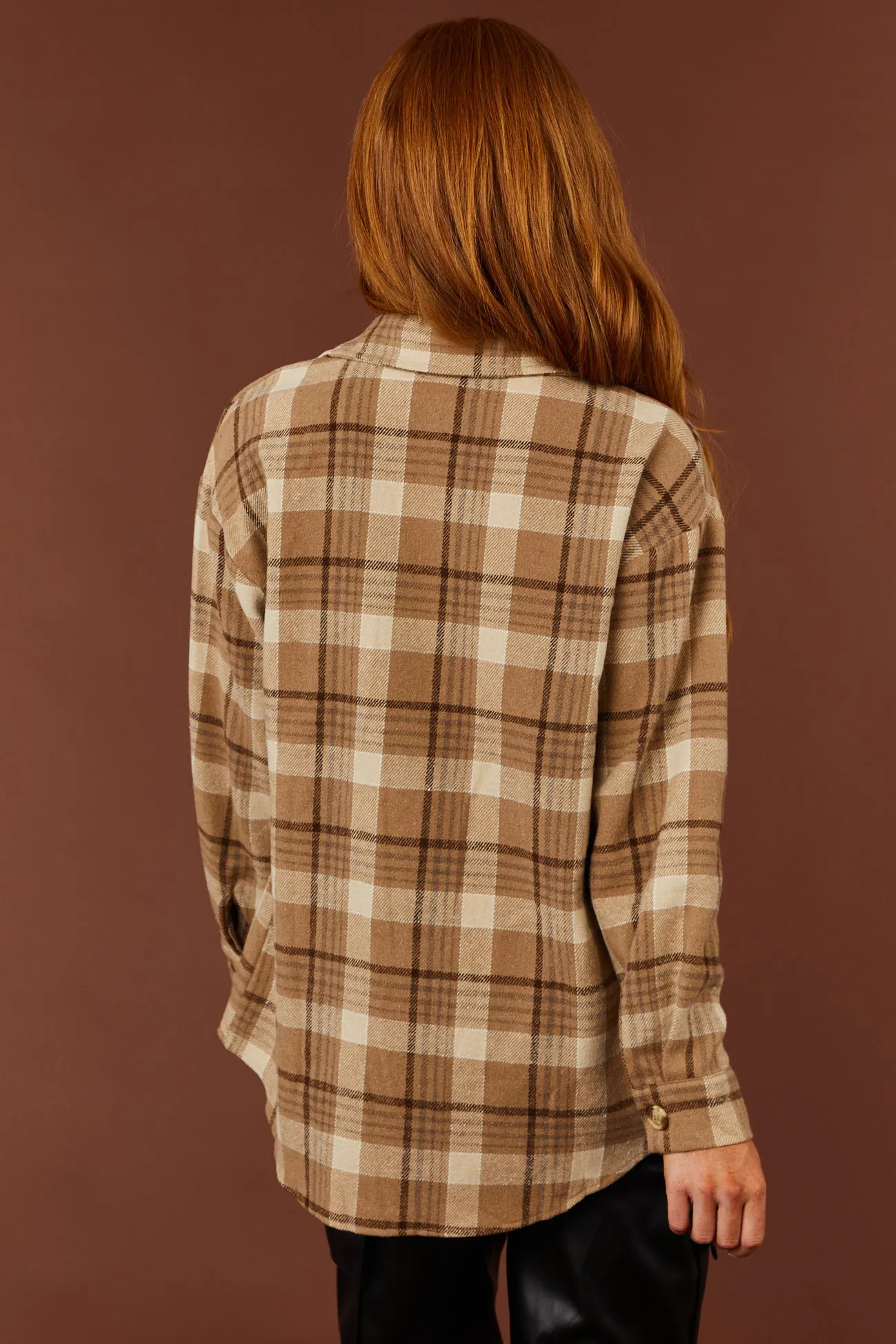 Camel Plaid Print Shacket with Optional Hood