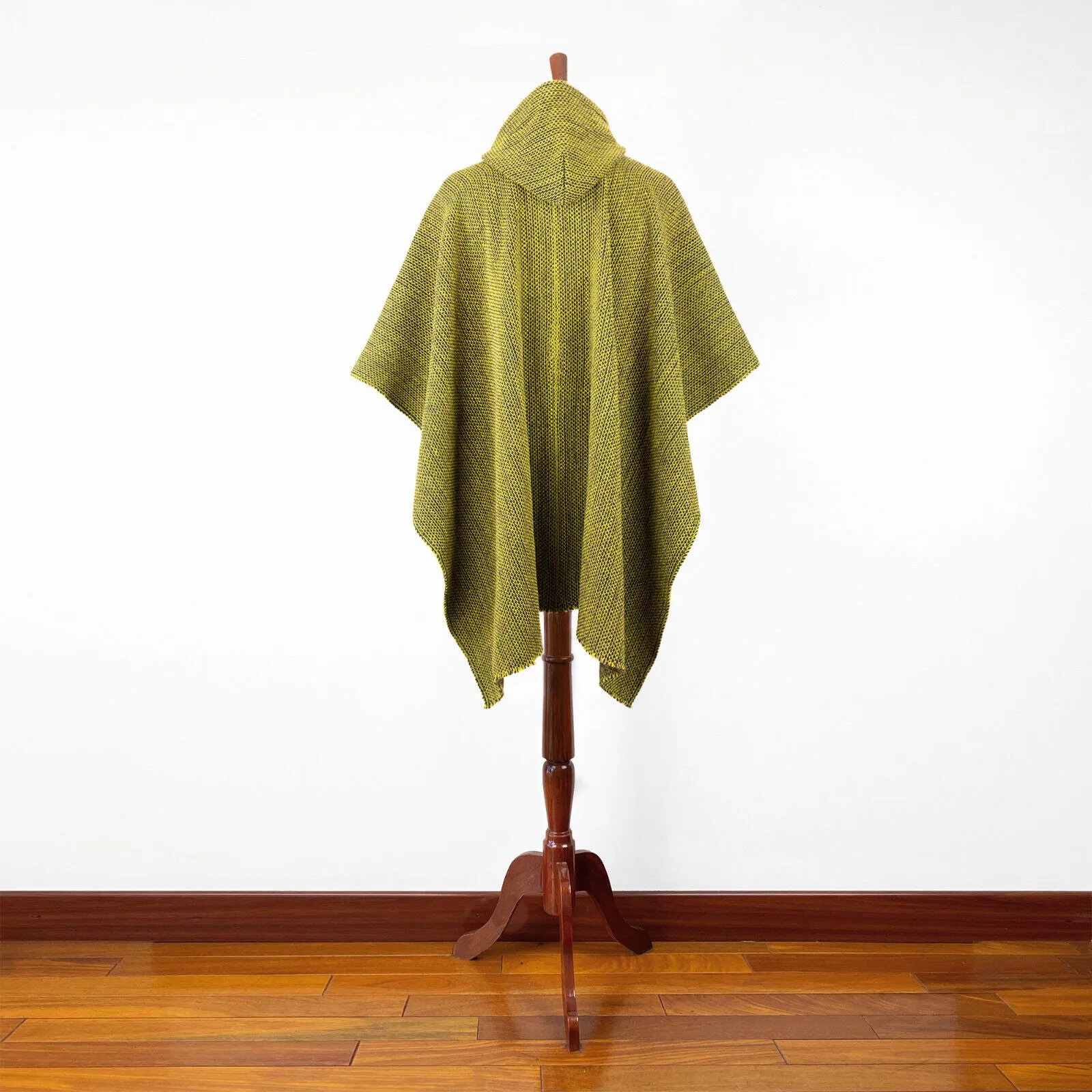 Cangochara - Llama Wool Unisex South American Handwoven Thick Hooded Poncho - solid light green/camo pattern