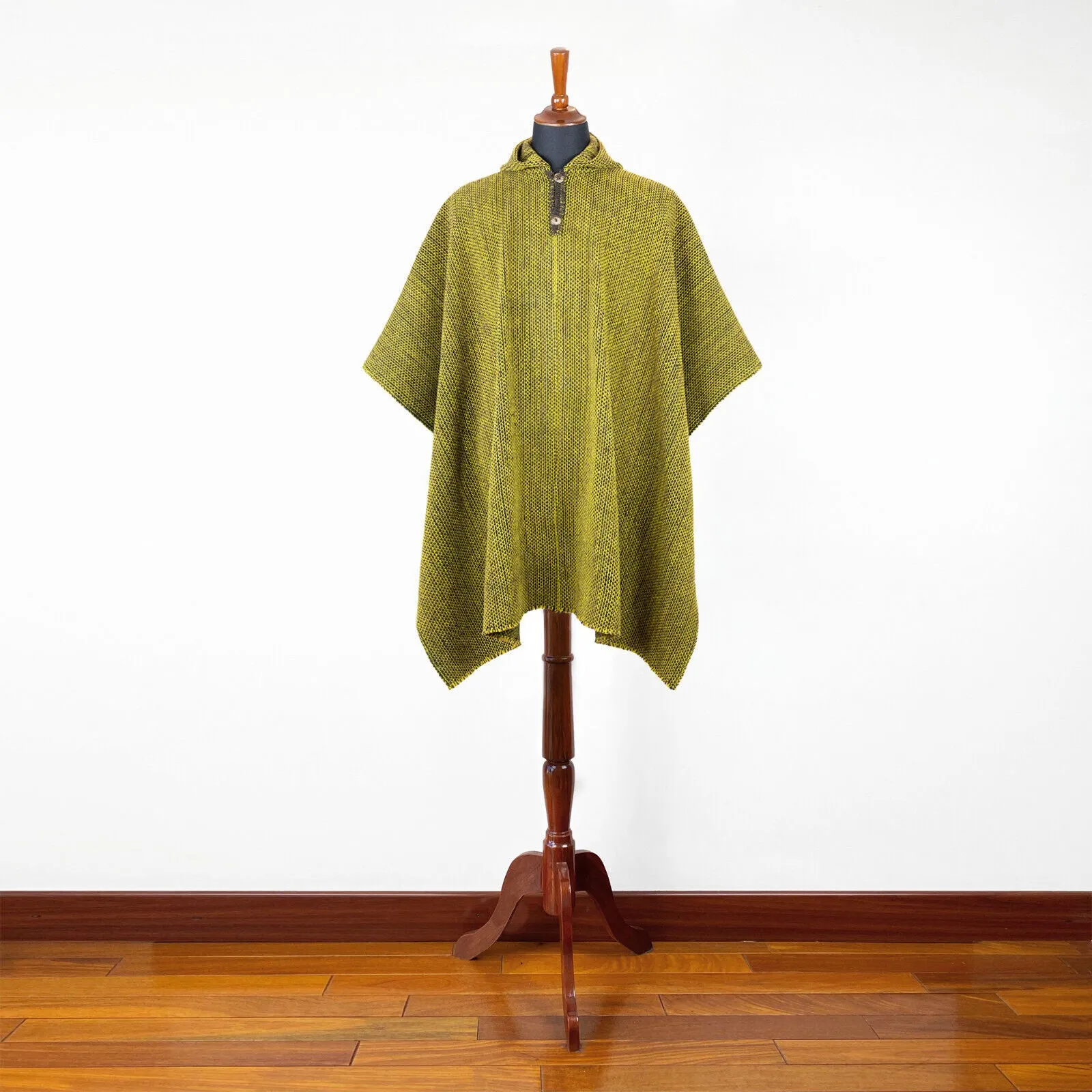 Cangochara - Llama Wool Unisex South American Handwoven Thick Hooded Poncho - solid light green/camo pattern