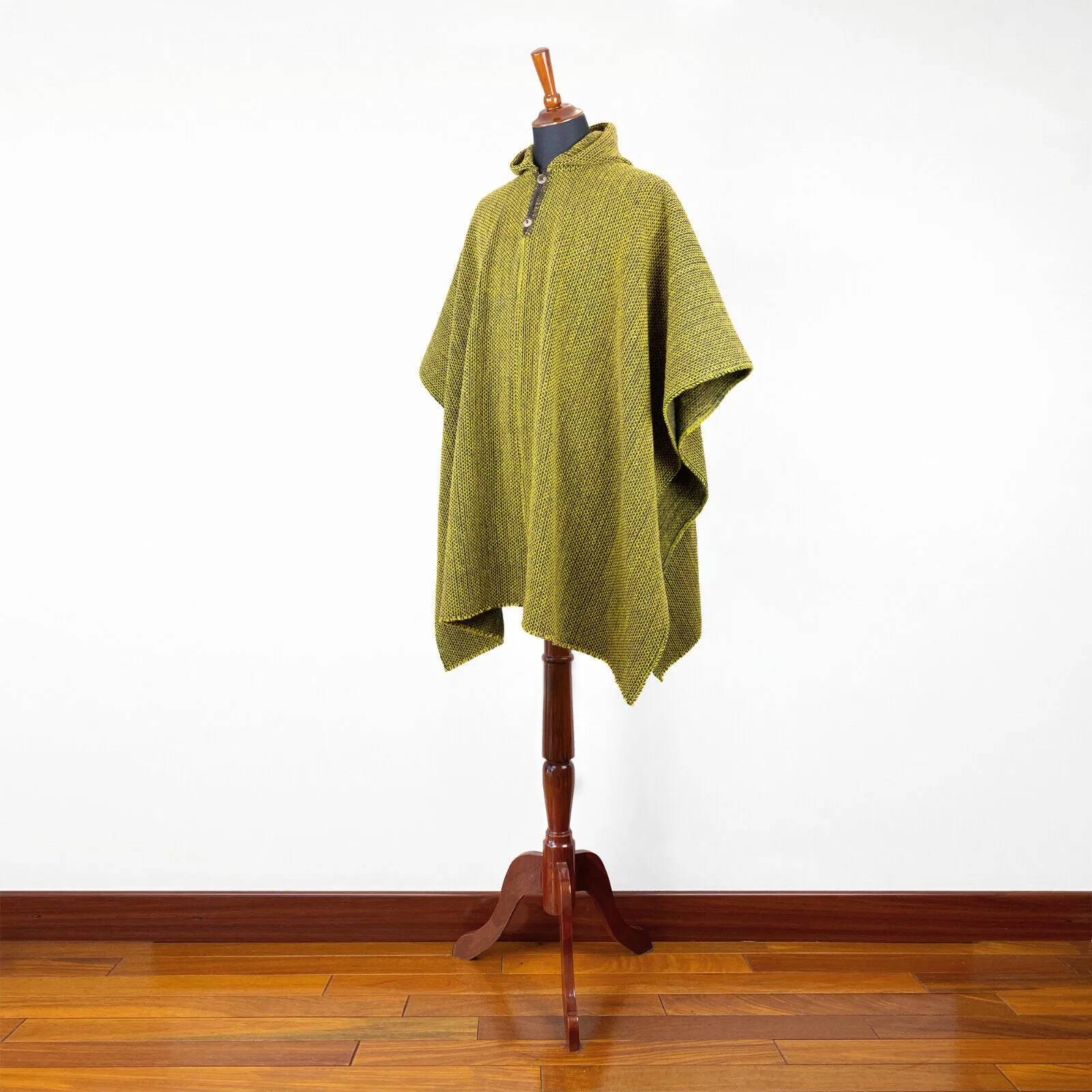 Cangochara - Llama Wool Unisex South American Handwoven Thick Hooded Poncho - solid light green/camo pattern