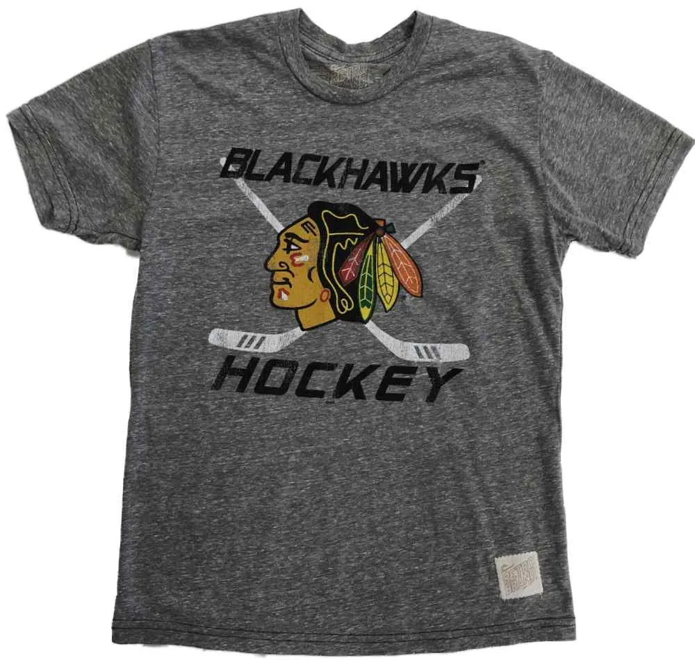 Chicago Blackhawks Retro Brand Gray Hockey Stick Logo SS Crew Neck T-Shirt