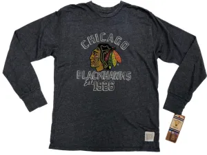 Chicago Blackhawks Retro Brand Gray LS Cracked Logo Crew Neck T-Shirt