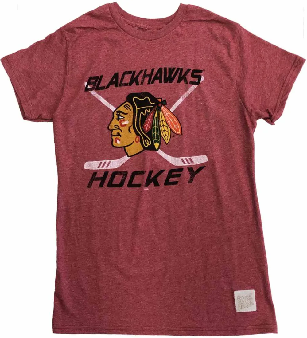 Chicago Blackhawks Retro Brand Red Hockey Stick Logo SS Crew Neck T-Shirt