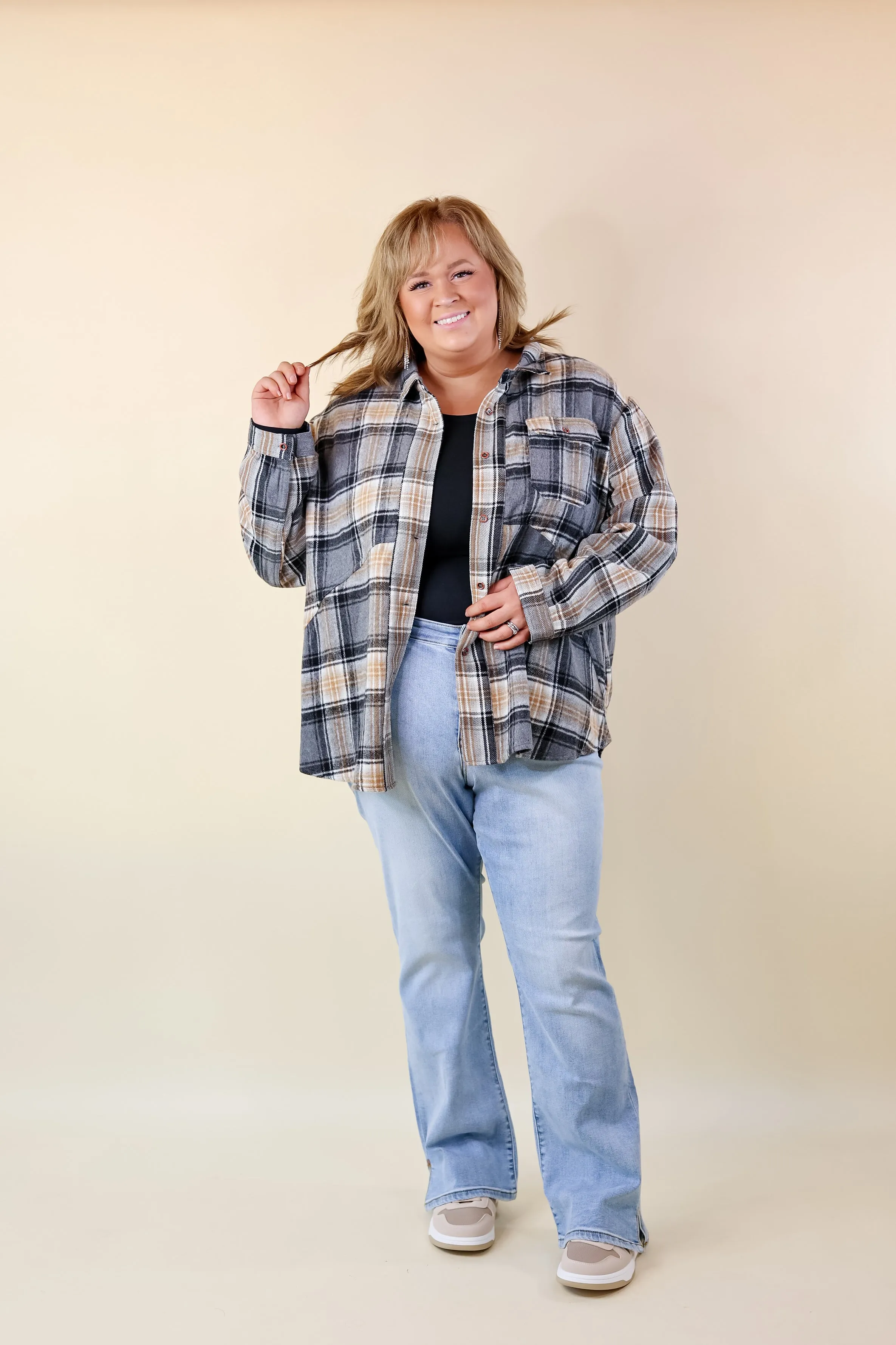 Coffee At Sunrise Button Up Plaid Shacket with Long Sleeves in Grey