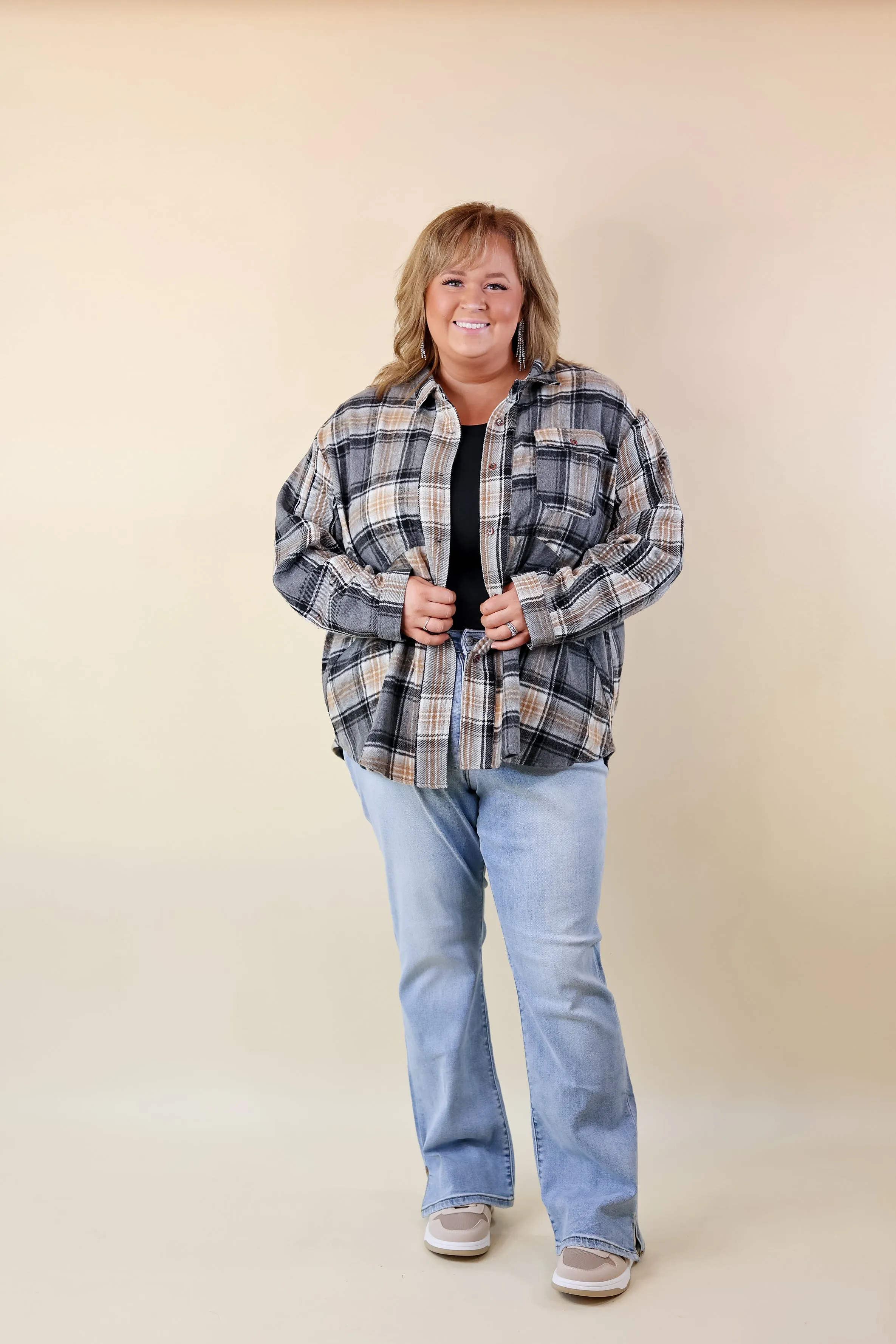 Coffee At Sunrise Button Up Plaid Shacket with Long Sleeves in Grey