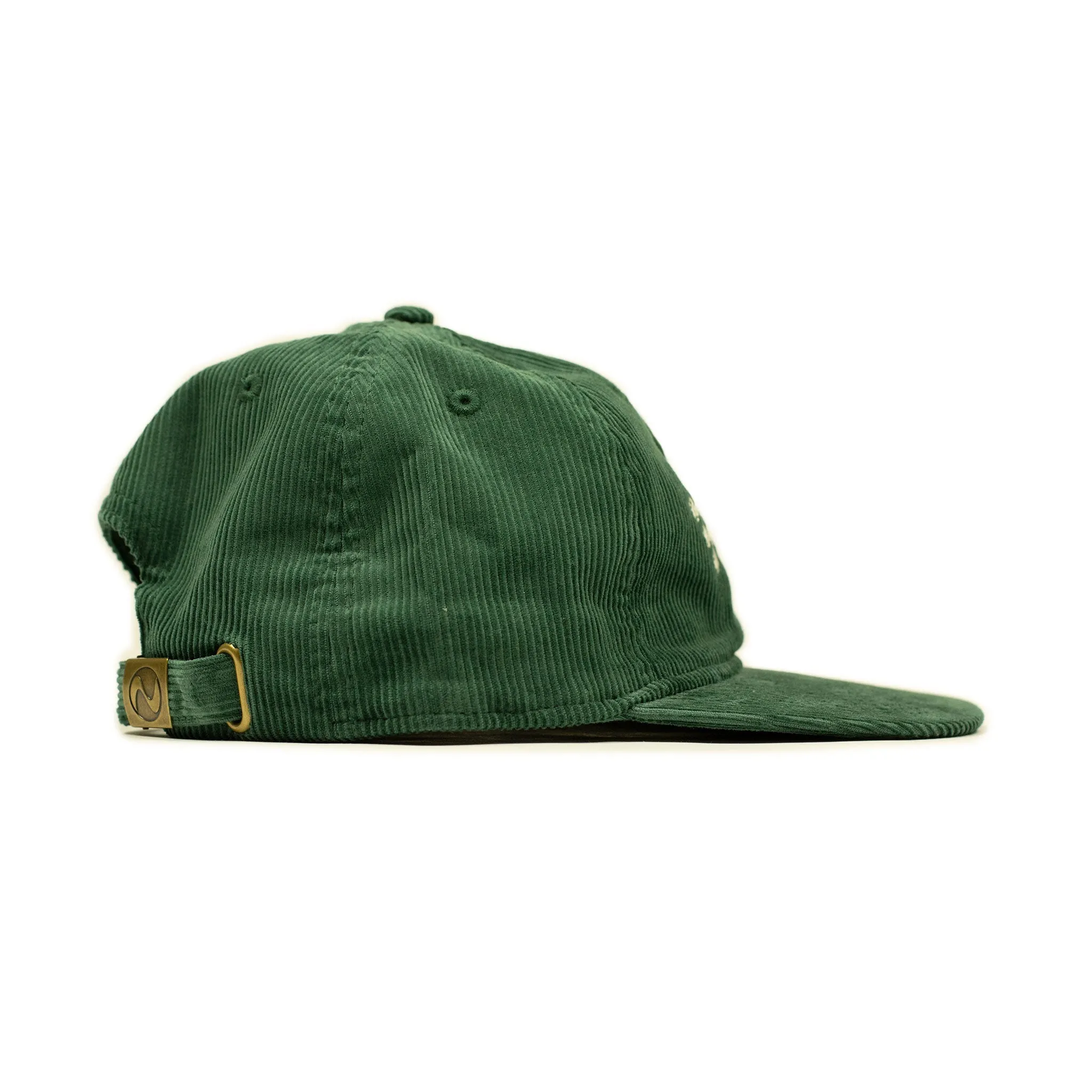 Corduroy cap in green with racing flag chainstitched embroidery