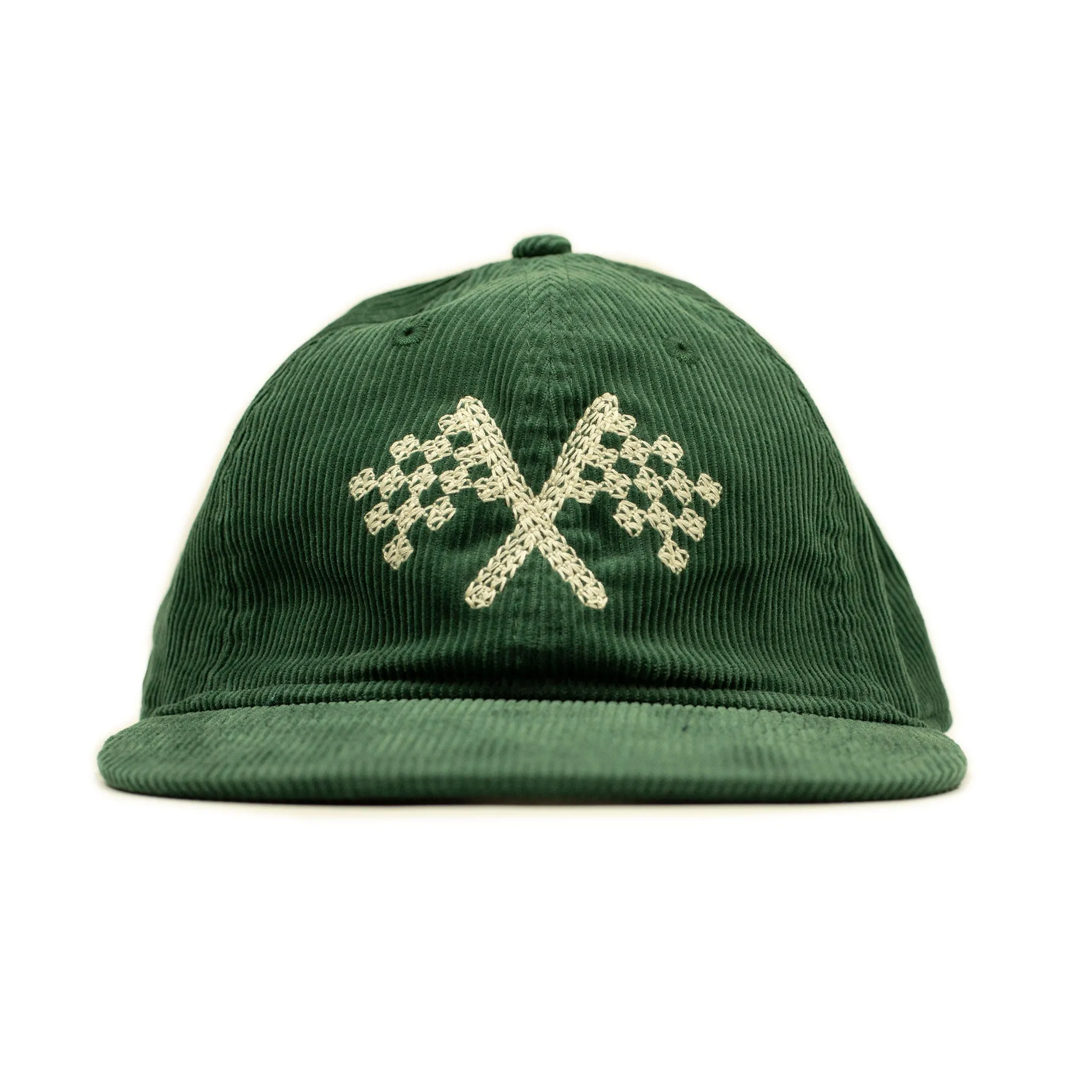 Corduroy cap in green with racing flag chainstitched embroidery