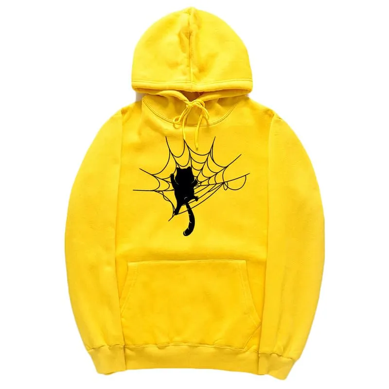 CORIRESHA Halloween Spider Web Hoodie Long Sleeve Drawstring Casual Cat Sweatshirt