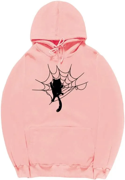 CORIRESHA Halloween Spider Web Hoodie Long Sleeve Drawstring Casual Cat Sweatshirt