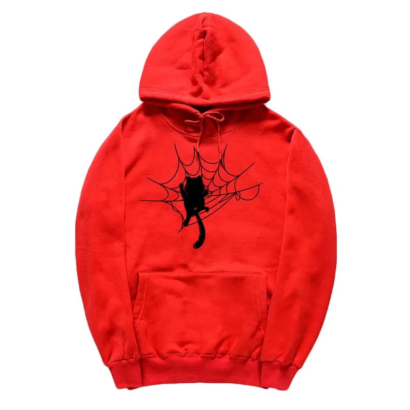 CORIRESHA Halloween Spider Web Hoodie Long Sleeve Drawstring Casual Cat Sweatshirt