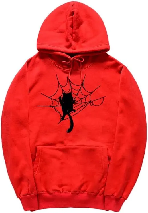 CORIRESHA Halloween Spider Web Hoodie Long Sleeve Drawstring Casual Cat Sweatshirt