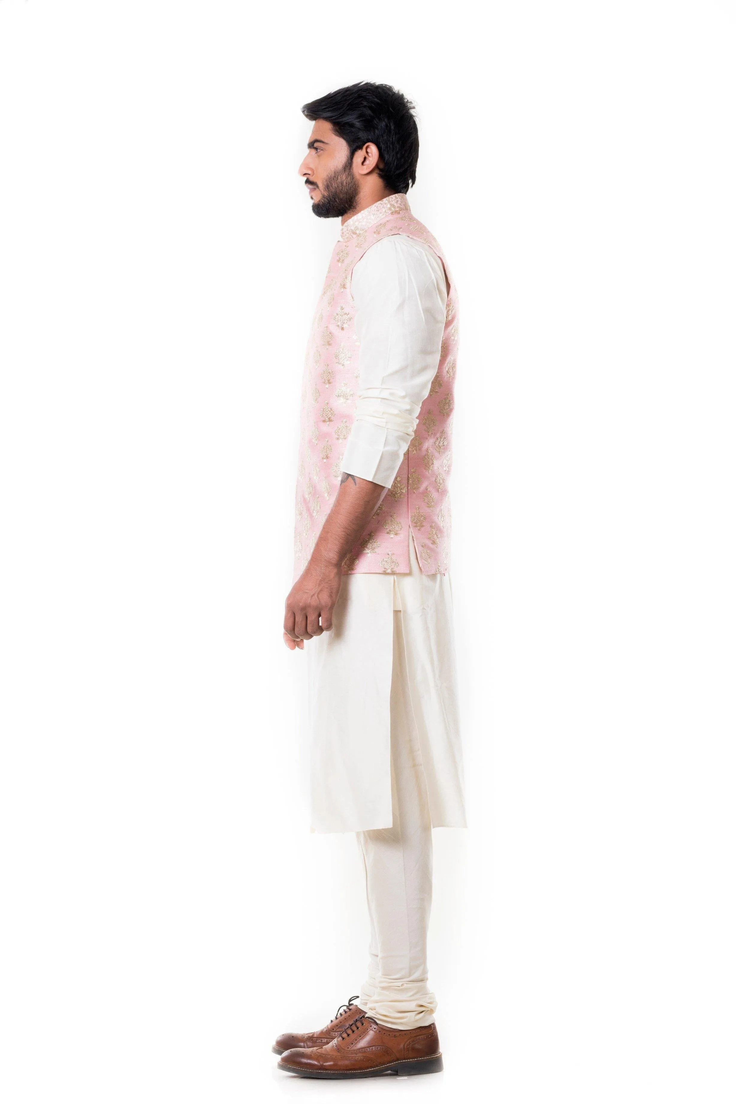 Cream Kurta with Zadi Embroidered Pink Waist Coat - Rent