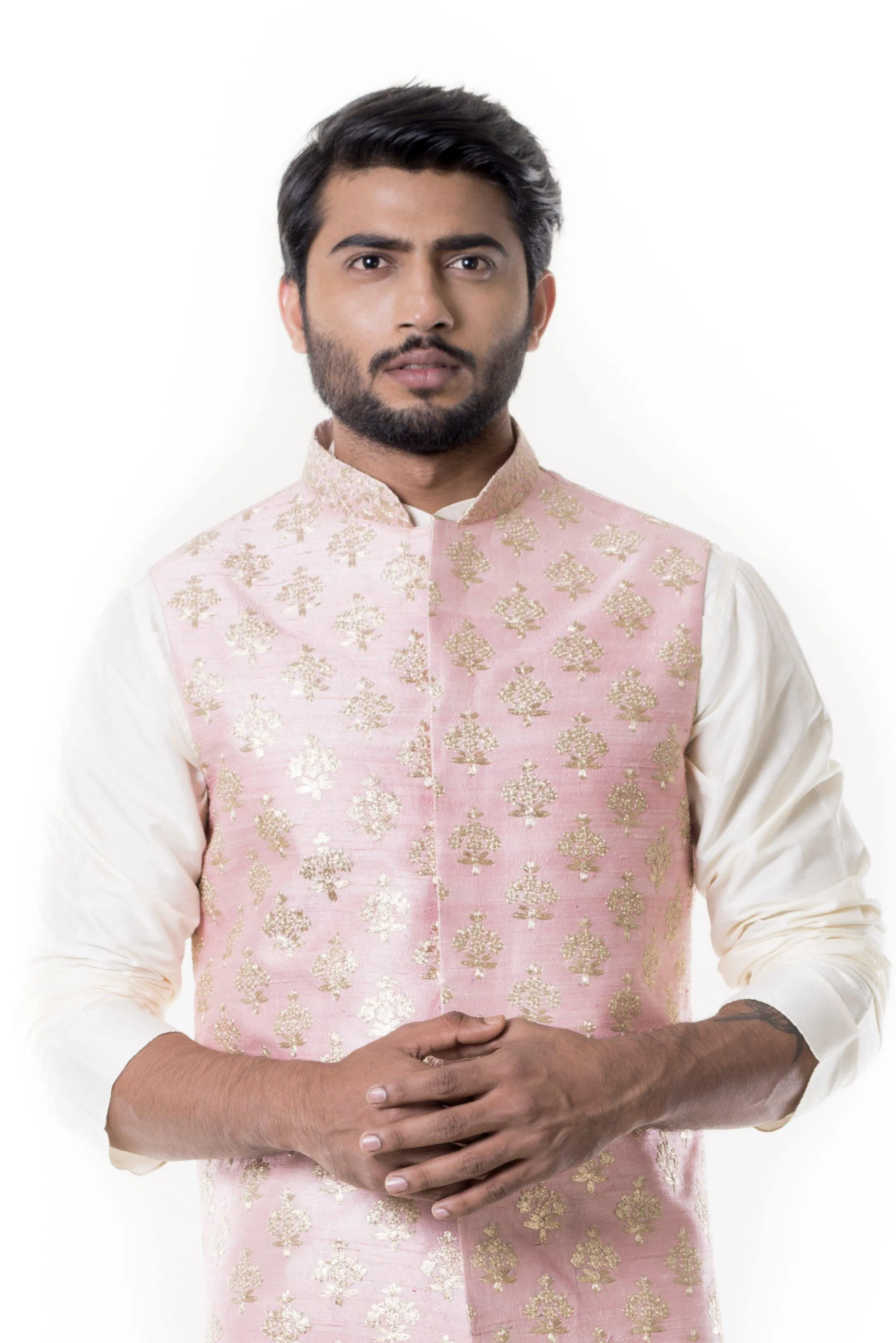 Cream Kurta with Zadi Embroidered Pink Waist Coat - Rent