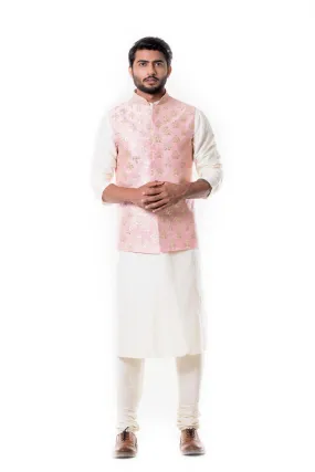 Cream Kurta with Zadi Embroidered Pink Waist Coat - Rent