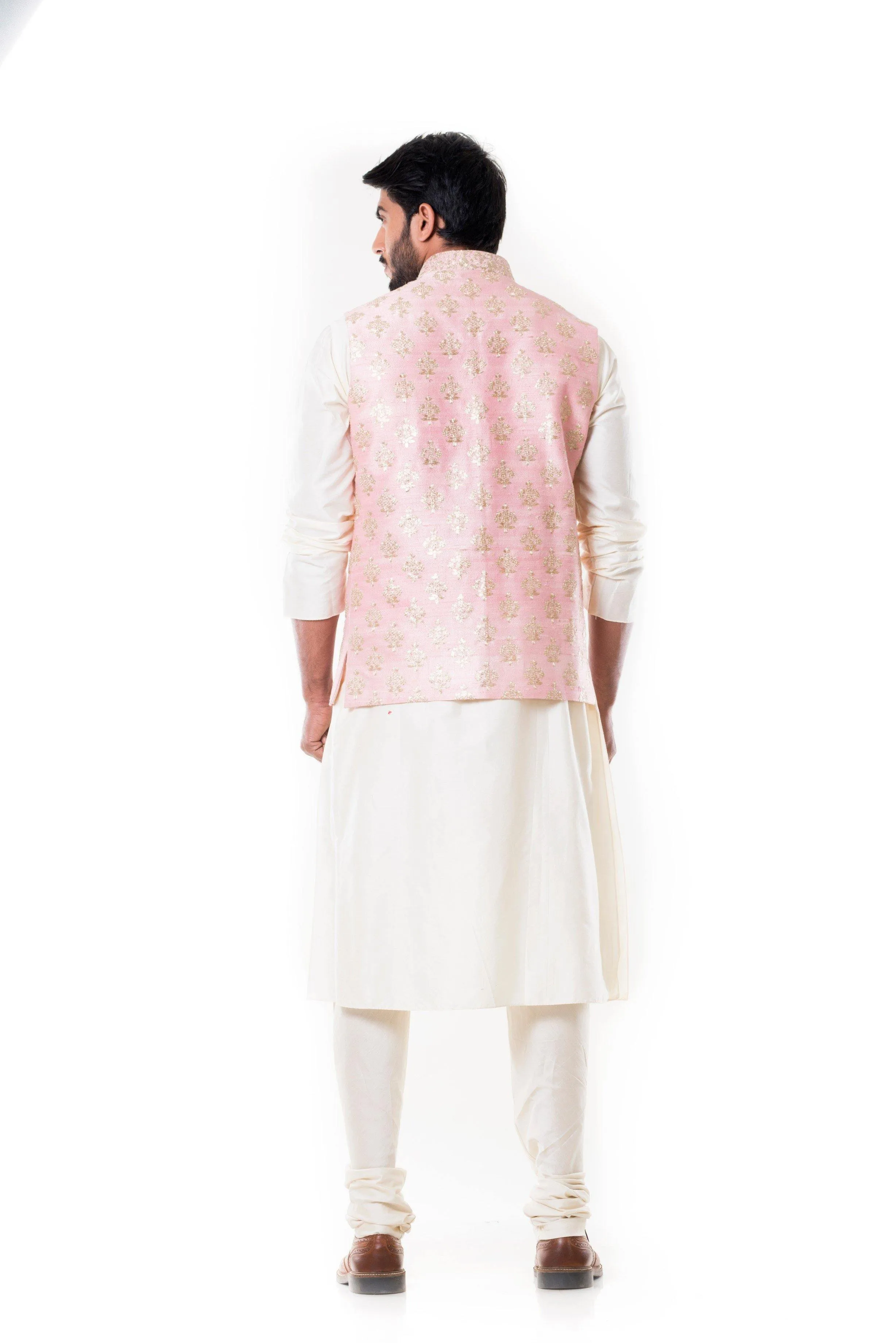 Cream Kurta with Zadi Embroidered Pink Waist Coat - Rent