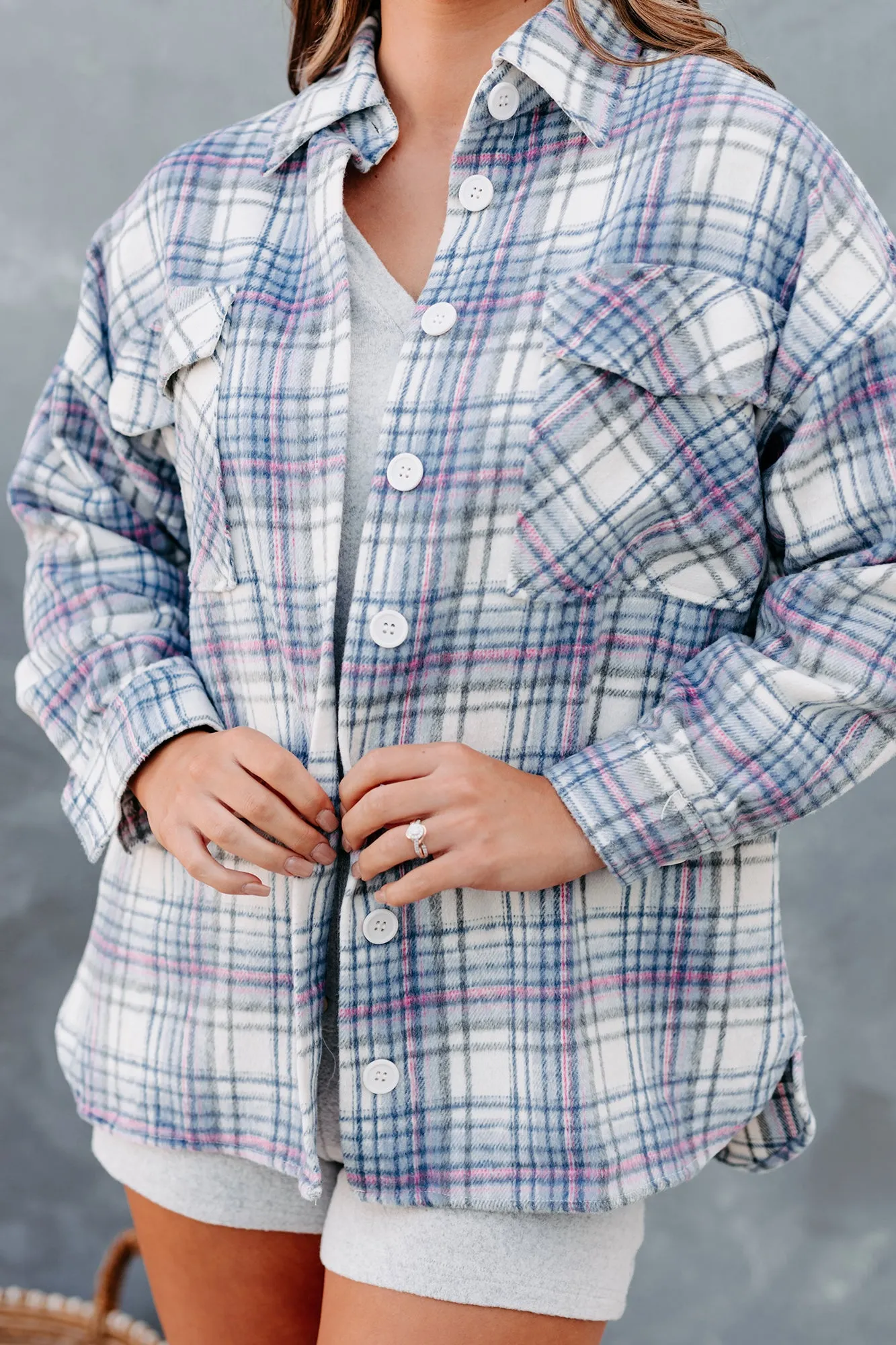 Creative Flow Plaid Shacket (Ivory/Denim/Pink)