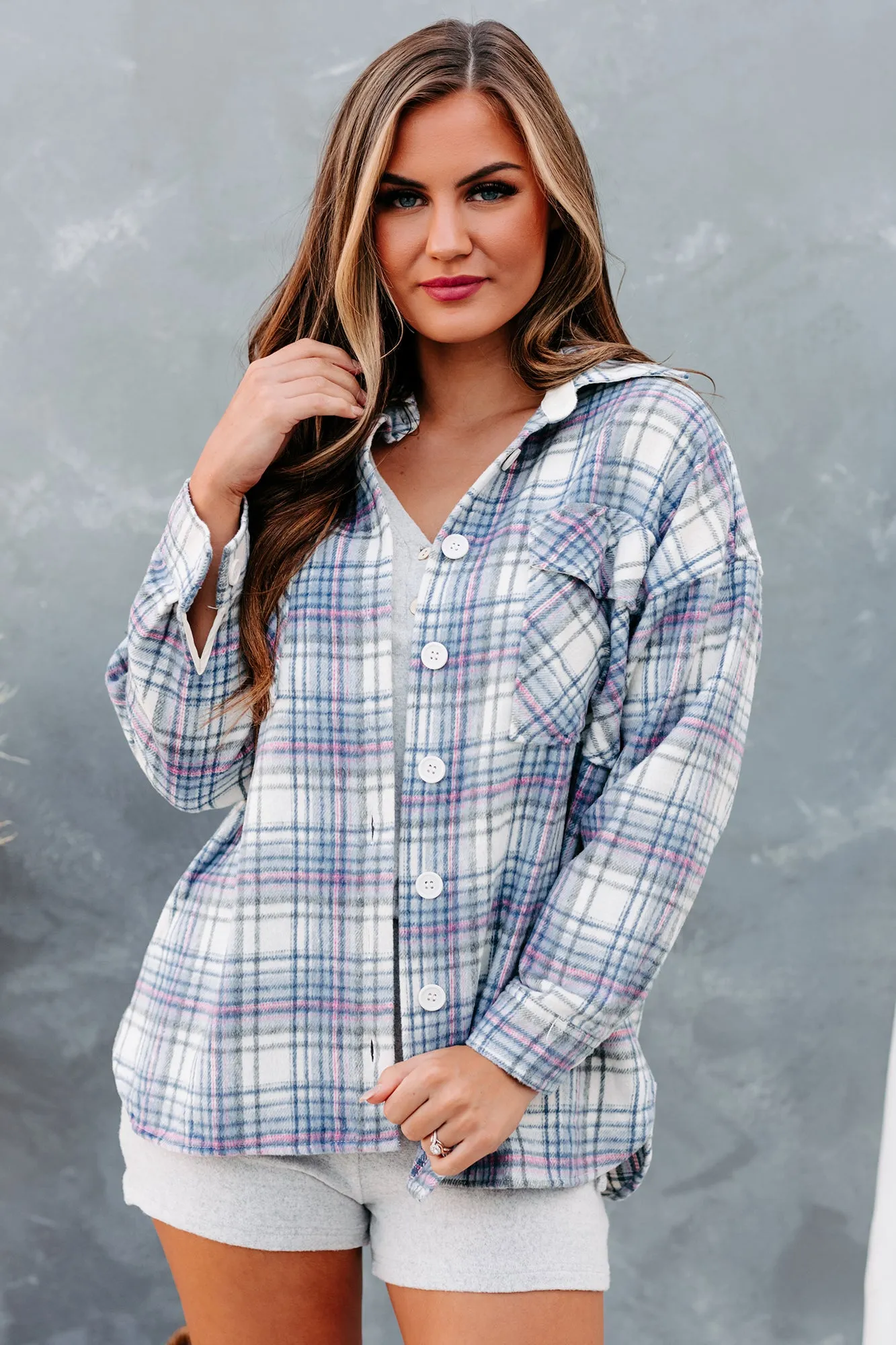 Creative Flow Plaid Shacket (Ivory/Denim/Pink)