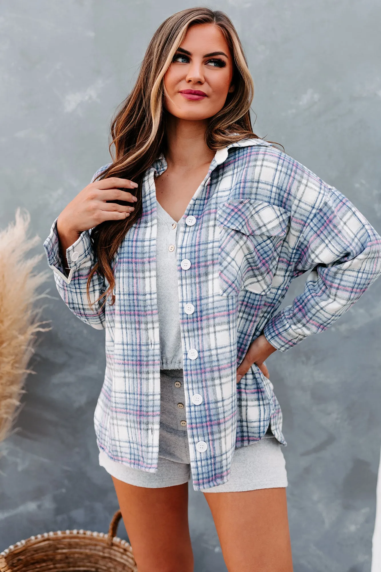 Creative Flow Plaid Shacket (Ivory/Denim/Pink)