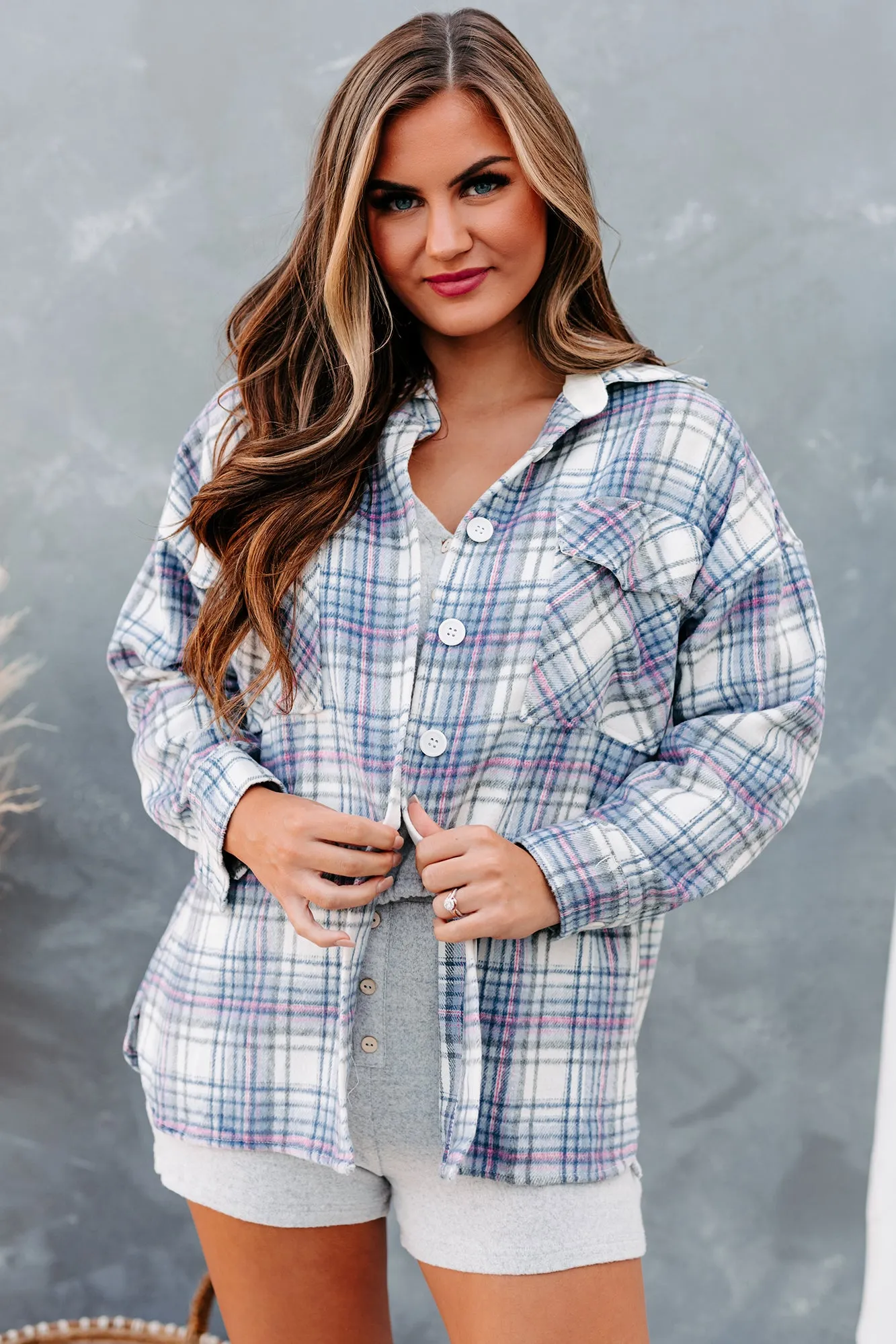 Creative Flow Plaid Shacket (Ivory/Denim/Pink)