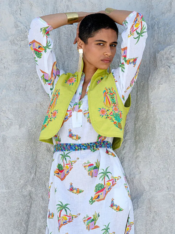 Cumin Vest Parrot Embroidery on Lime Jacquard by Nimo