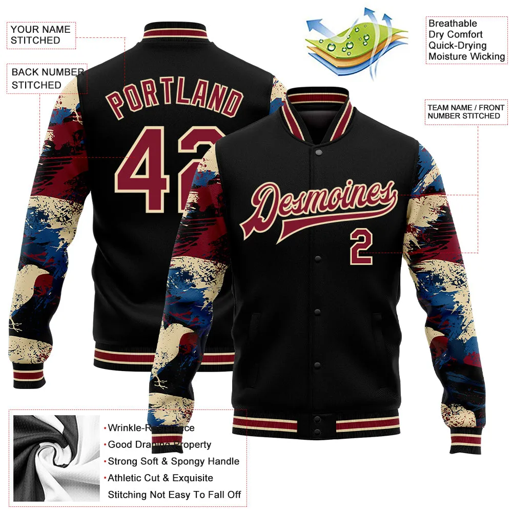 Custom Black Crimson-City Cream Crow Sleeves 3D Pattern Design Bomber Full-Snap Varsity Letterman Jacket