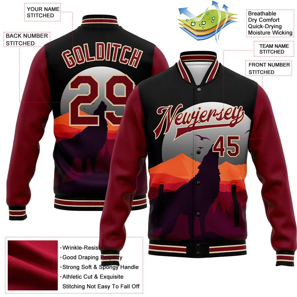 Custom Black Crimson-City Cream Wolf Howling 3D Pattern Design Bomber Full-Snap Varsity Letterman Jacket