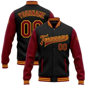 Custom Black Crimson-Gold Bomber Full-Snap Varsity Letterman Two Tone Jacket