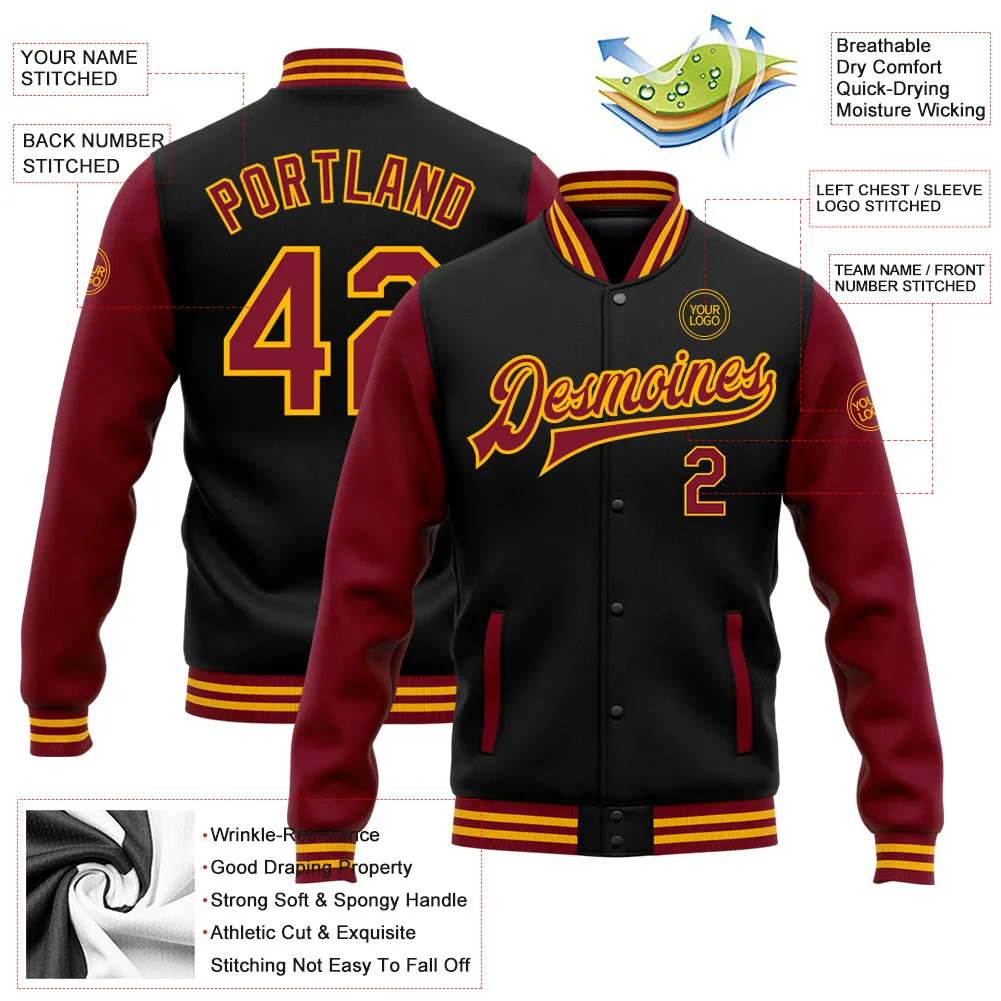 Custom Black Crimson-Gold Bomber Full-Snap Varsity Letterman Two Tone Jacket