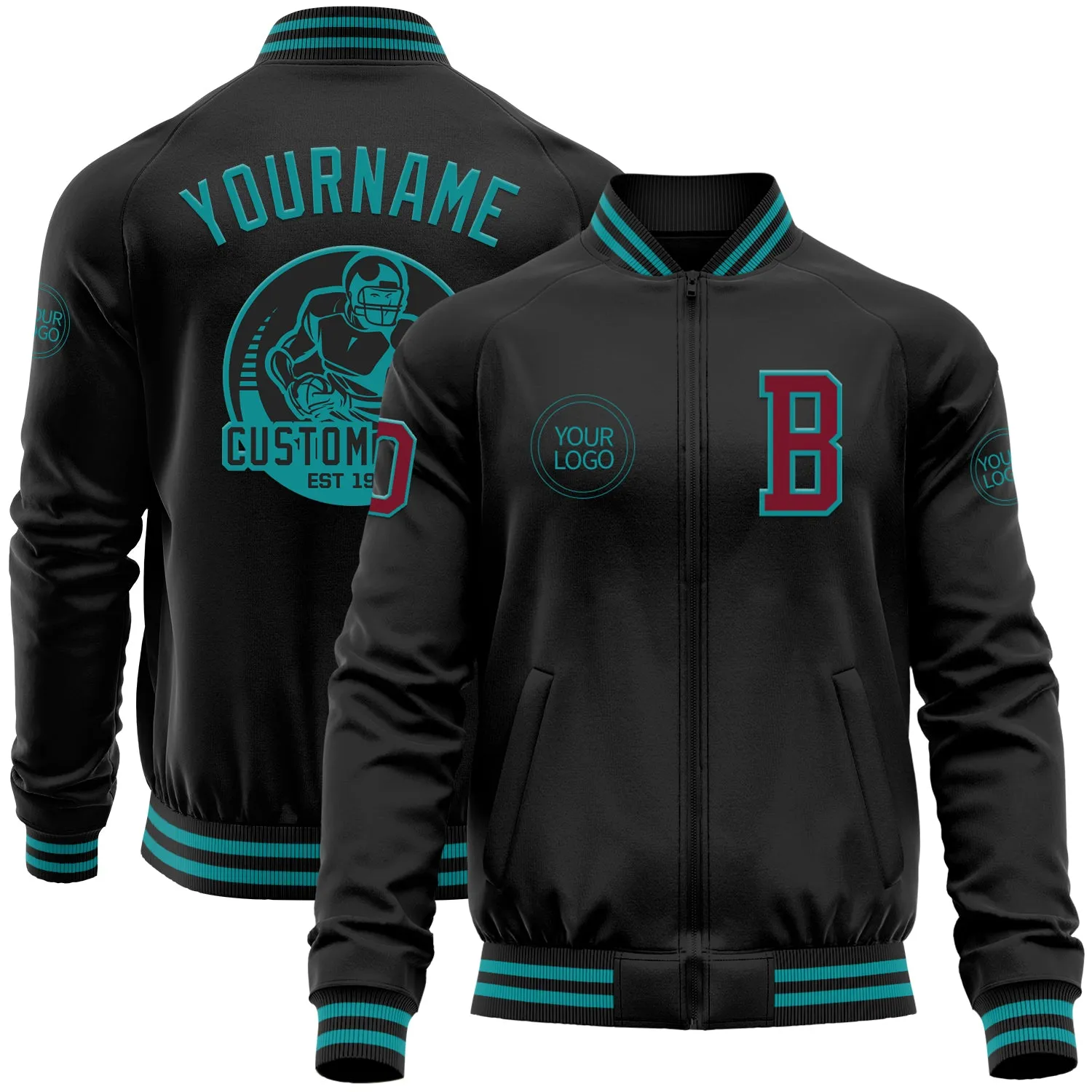 Custom Black Crimson-Teal Bomber Varsity Letterman Zipper Jacket