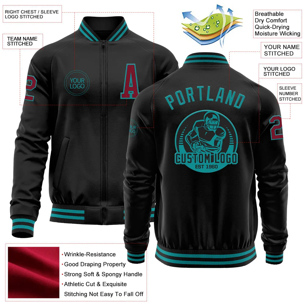 Custom Black Crimson-Teal Bomber Varsity Letterman Zipper Jacket