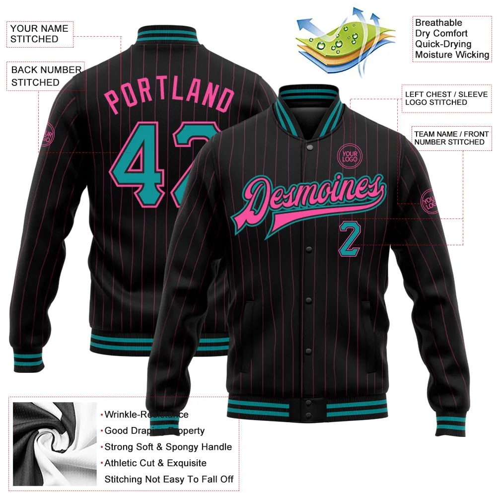 Custom Black Pink Pinstripe Teal Bomber Full-Snap Varsity Letterman Jacket