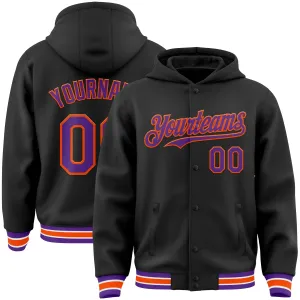 Custom Black Purple-Orange Bomber Full-Snap Varsity Letterman Hoodie Jacket