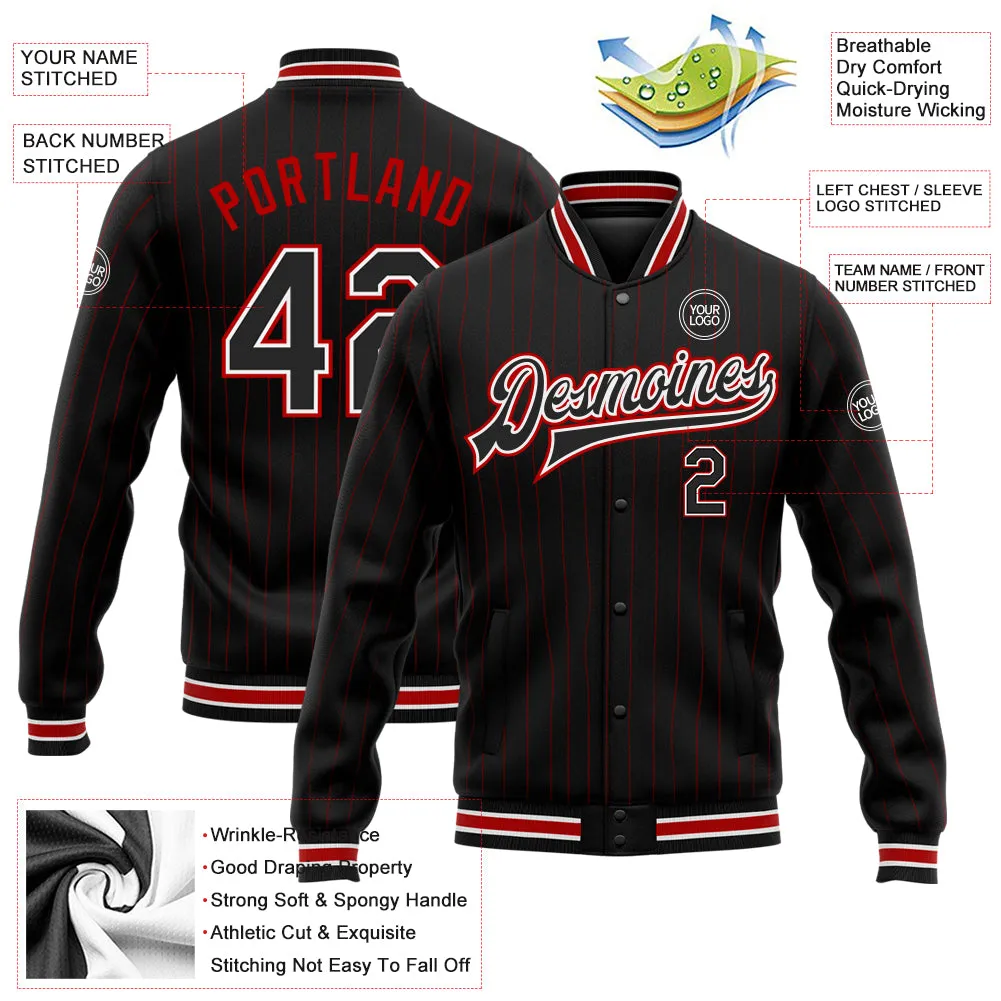 Custom Black Red Pinstripe White Bomber Full-Snap Varsity Letterman Jacket