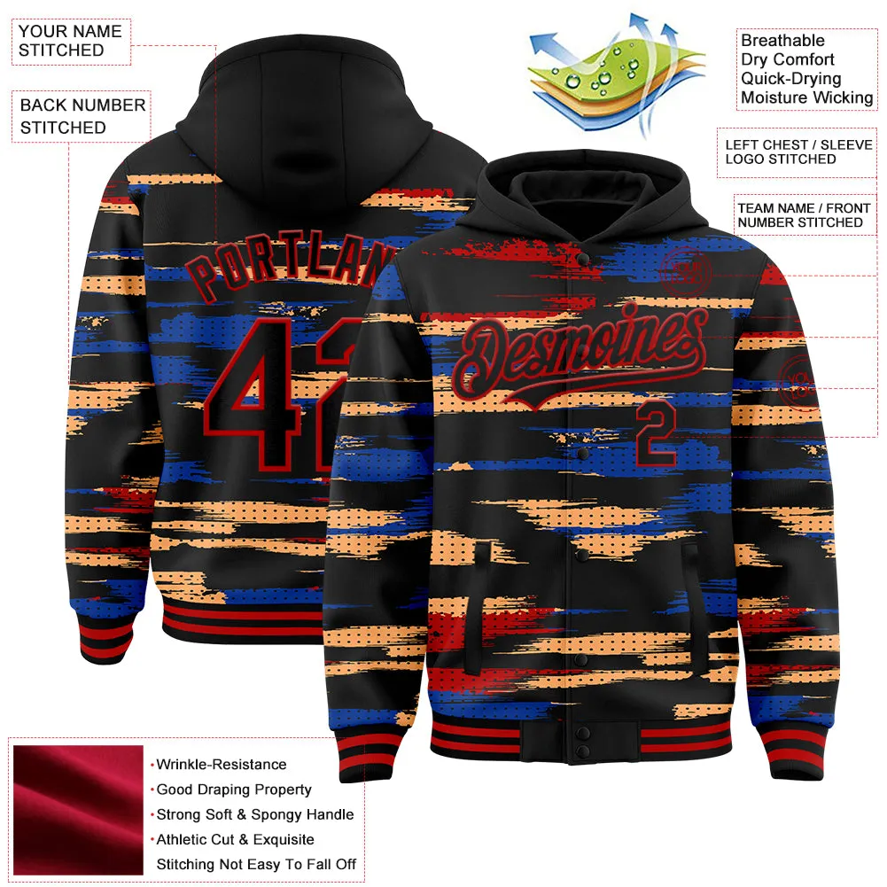 Custom Black Red Royal-Yellow Abstract Color Blocks 3D Pattern Design Bomber Full-Snap Varsity Letterman Hoodie Jacket