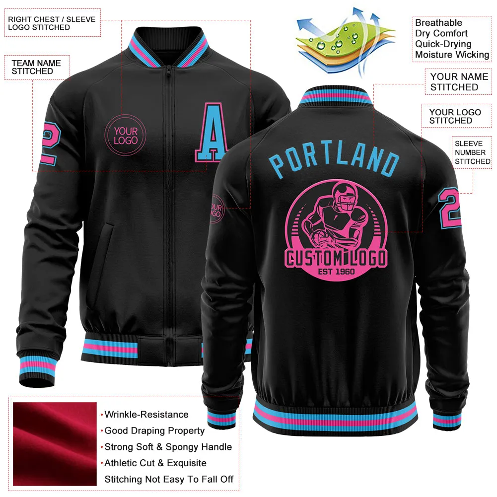 Custom Black Sky Blue-Pink Bomber Varsity Letterman Zipper Jacket