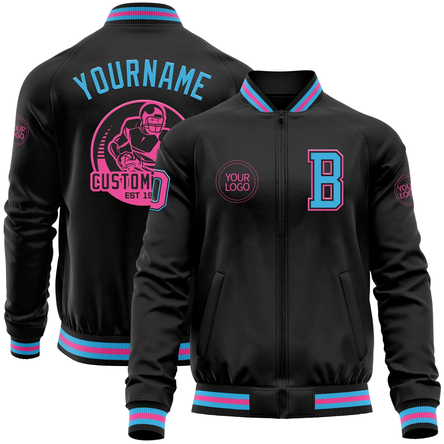 Custom Black Sky Blue-Pink Bomber Varsity Letterman Zipper Jacket