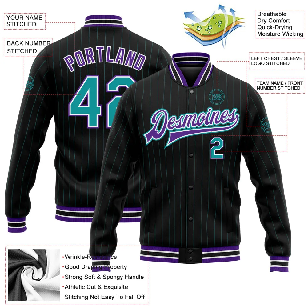 Custom Black Teal Pinstripe Purple Bomber Full-Snap Varsity Letterman Jacket