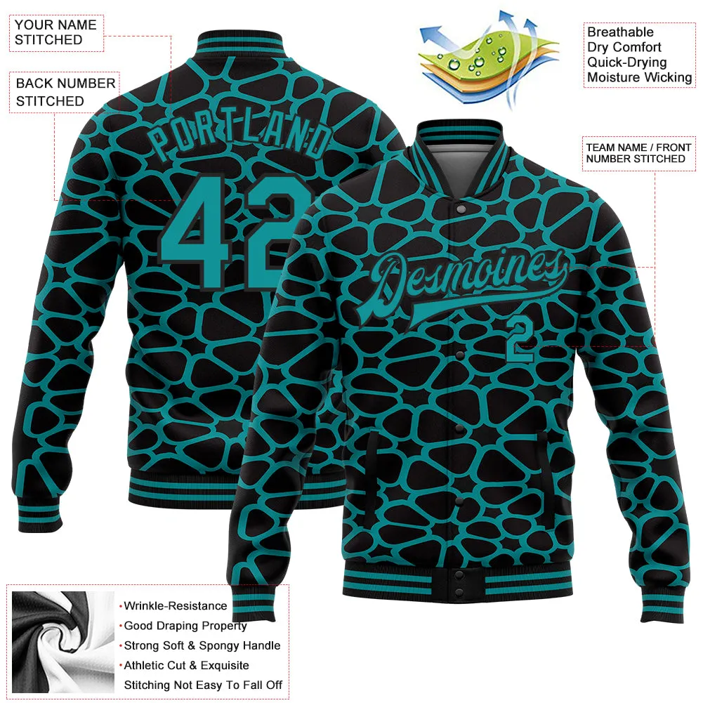 Custom Black Teal Spotted 3D Pattern Design Bomber Full-Snap Varsity Letterman Jacket