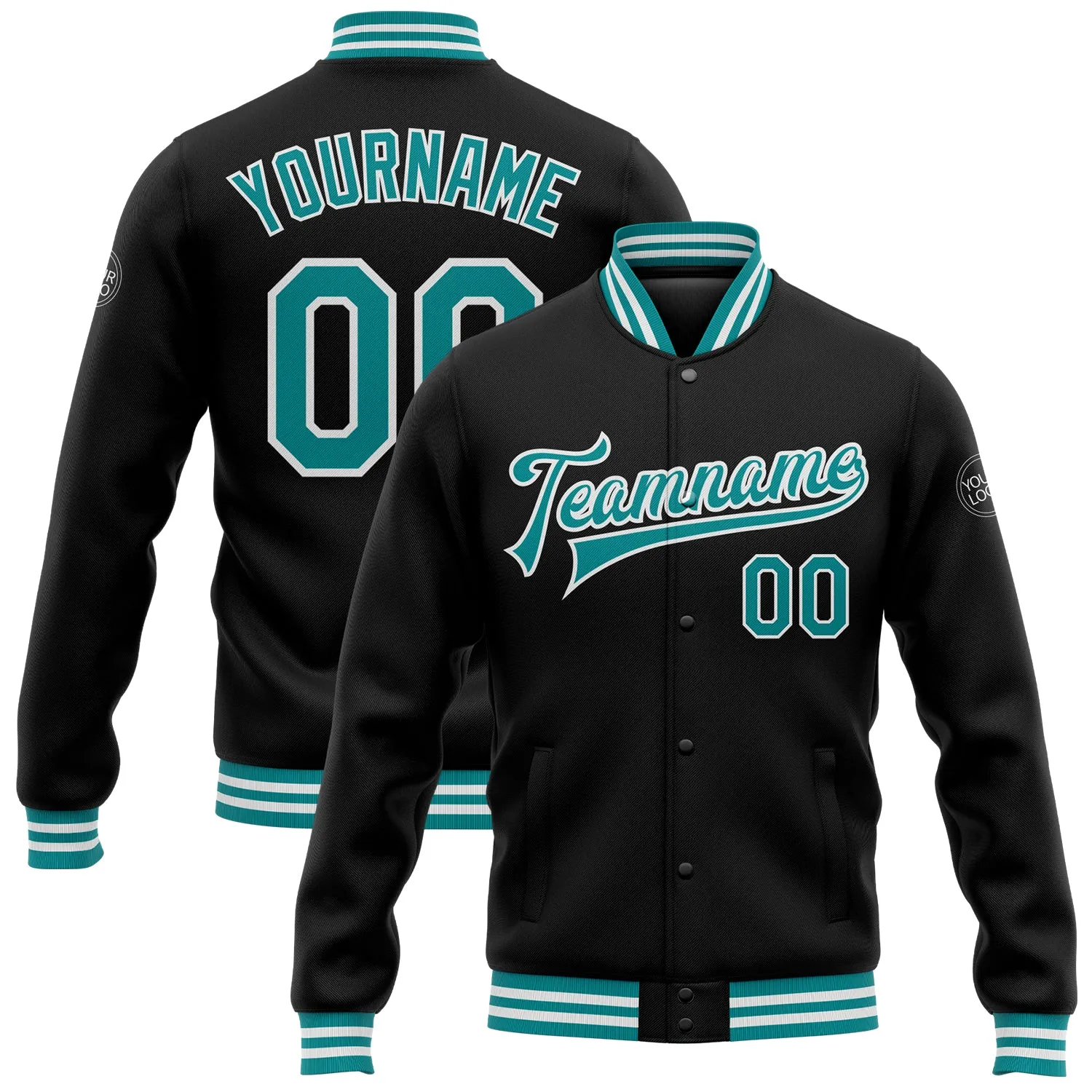 Custom Black Teal-White Bomber Full-Snap Varsity Letterman Jacket