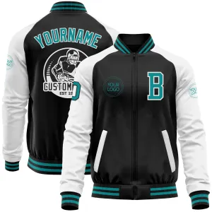 Custom Black Teal-White Bomber Varsity Letterman Two Tone Zipper Jacket